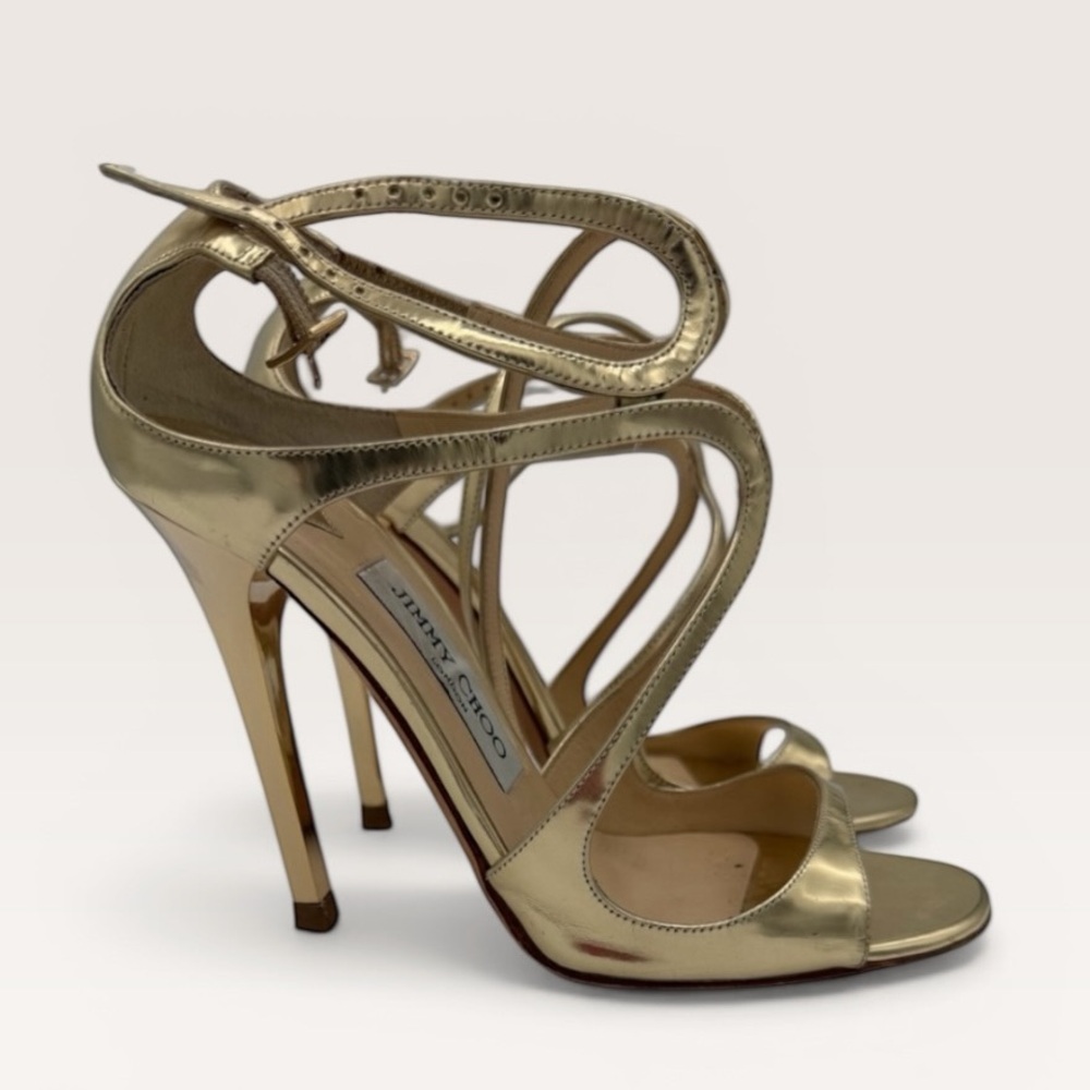 Jimmy Choo Gold Metallic Strappy Stiletto Sandals EU 37 Vintage Y2K - Picture 2 of 4